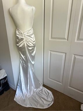 Back-Ruched White Satin Wedding Gown